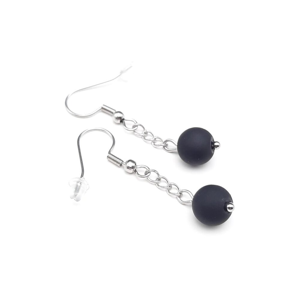 Matte Black Minimalist Dangle Drop Goth Beaded Chain Earrings Handmade Jewelry - Picture 3 of 7